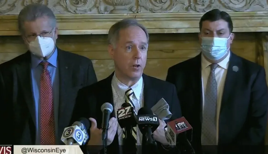 Assembly Speaker Robin Vos (R-Rochester) holds a press conference on April 13 where he demands Gov. Tony Evers accept severe restrictions on local health officials, schools, and the governor himself in exchange for tens of millions of dollars in federal supplemental COVID food aid. (Image via Wisconsin Eye.)