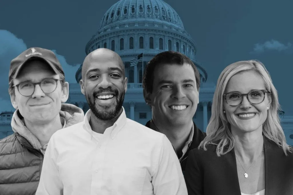 Four of the leading candidates in the Democratic primary to determine who will challenge Sen. Ron Johnson in November. L-R, Outagamie County Executive Tom Nelson, Lt. Gov. Mandela Barnes, Milwaukee Bucks executive Alex Lasry, state Treasurer Sarah Godlewski (Graphic by Jonathon Sadowski)