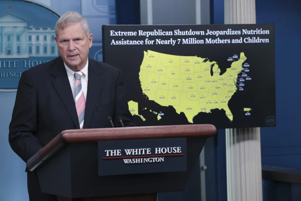 Secretary of Agriculture Tom Vilsack answers questions during the daily press briefing at the White House on September 25, 2023 in Washington, DC. Vilsack and White House press secretary Karine Jean-Pierre answered a range of questions related primarily to a potential shutdown of the U.S. government. (Photo by Win McNamee/Getty Images)